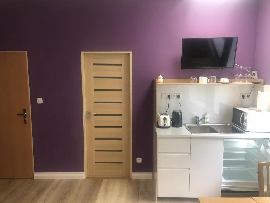 a kitchen with purple walls and a counter with a sink at DNM Inn in Koryčany