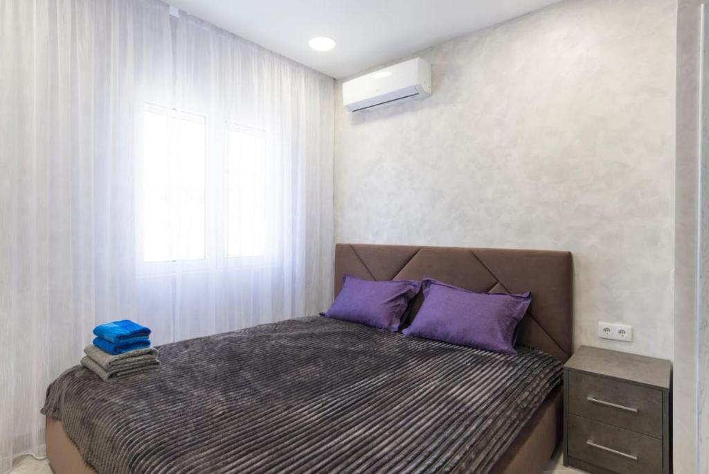 Un dormitorio con una cama con almohadas moradas y una ventana en Dream House Rooms Malaga - Habitacion en el apartemento, en Málaga