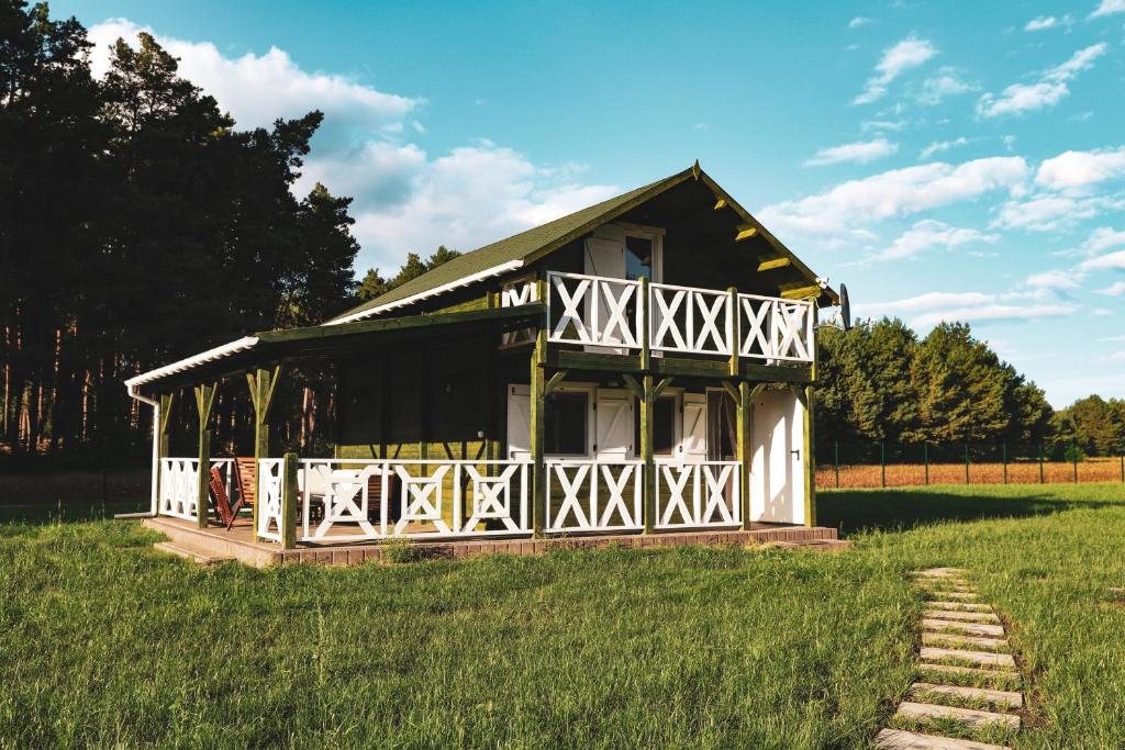 a small black and white house in a field at Słoneczny Zagajnik-domek na skraju lasu, Roztocze, Zwierzyniec in Lipowiec