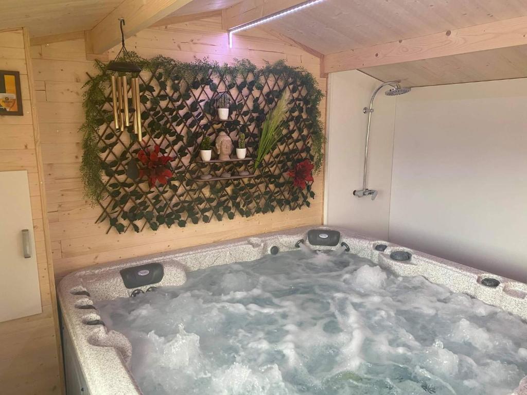 eine Whirlpool-Badewanne in einem Zimmer mit Gemälde in der Unterkunft Gîte PRIMA LUCE in Preures