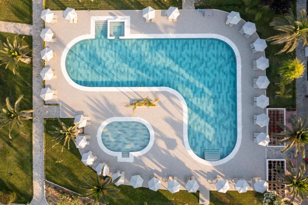 an overhead view of a swimming pool with palm trees at Hotel Esperia in Marmari