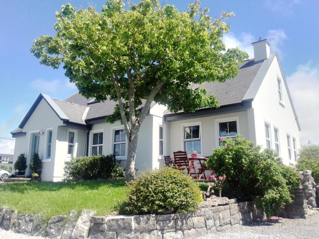 Una casa blanca con un árbol delante. en Fairwinds Guest Accommodation en Doolin