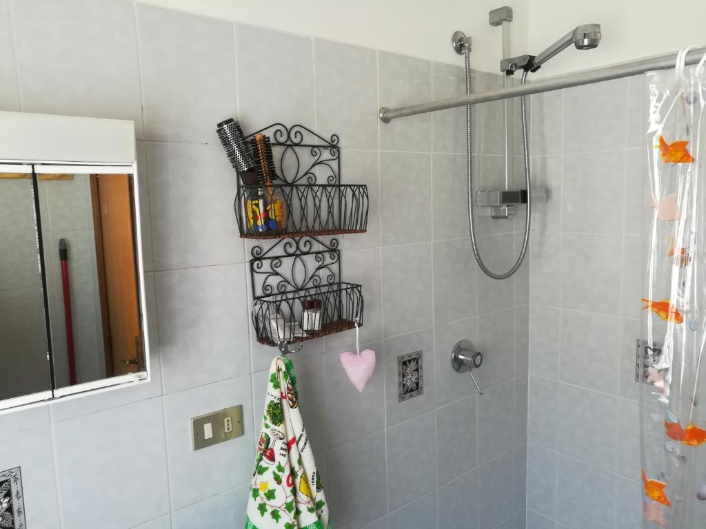 een badkamer met een douche en een douchegordijn bij Guado di Pio-appartamento panoramico in Castelpetroso
