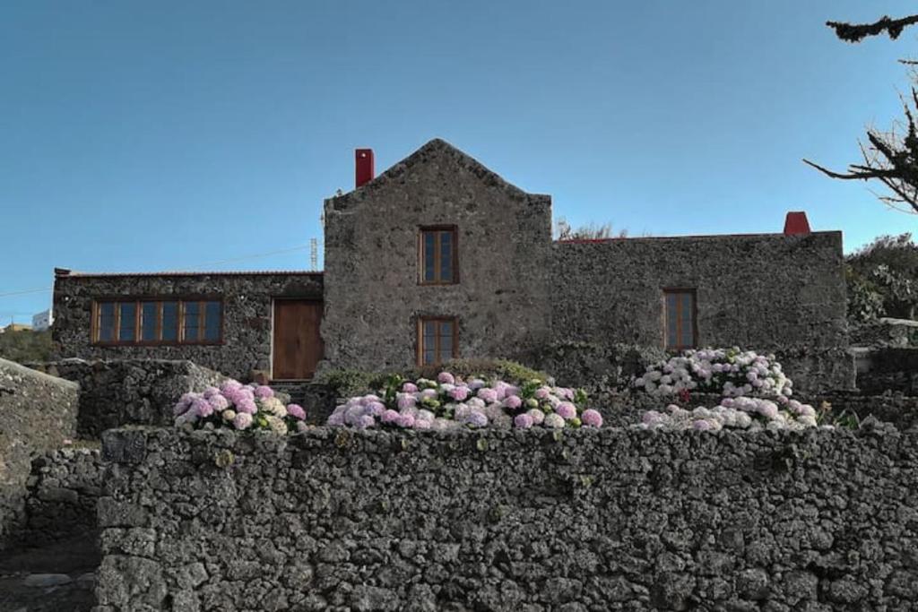 un mur en pierre avec des fleurs au-dessus dans l'établissement Casa Rural Los Mozos, à Guarazoca