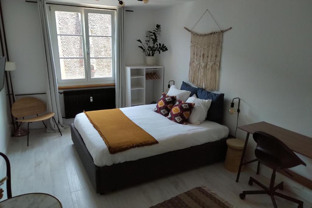 a bedroom with a bed and a desk in it at Appartement Spacieux et Cosy - Strasbourg Centre in Strasbourg