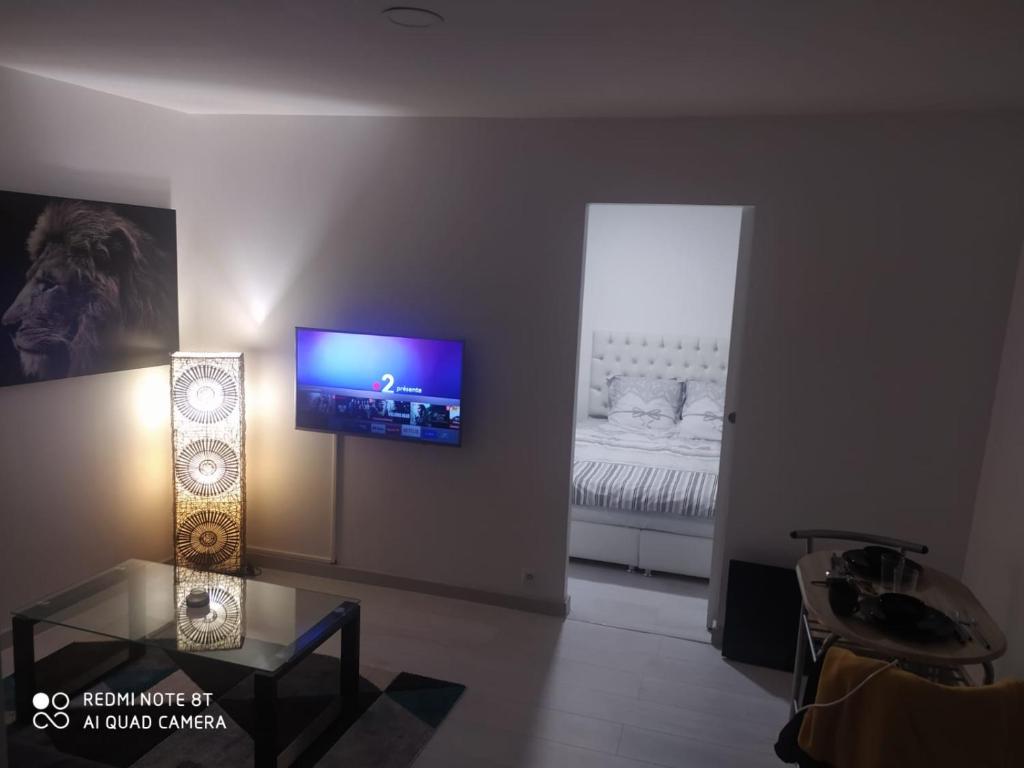 uma sala de estar com televisão na parede em Charmant appartement design em Blois