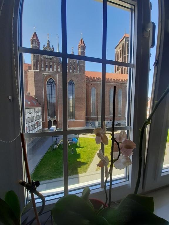 Apartment in Old Town - view of Mariacki Church في غدانسك: نافذة مطلة على جامعة سيراكوز