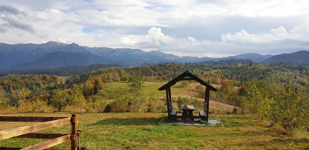 un cenador en un campo con montañas al fondo en La Odai en Bran