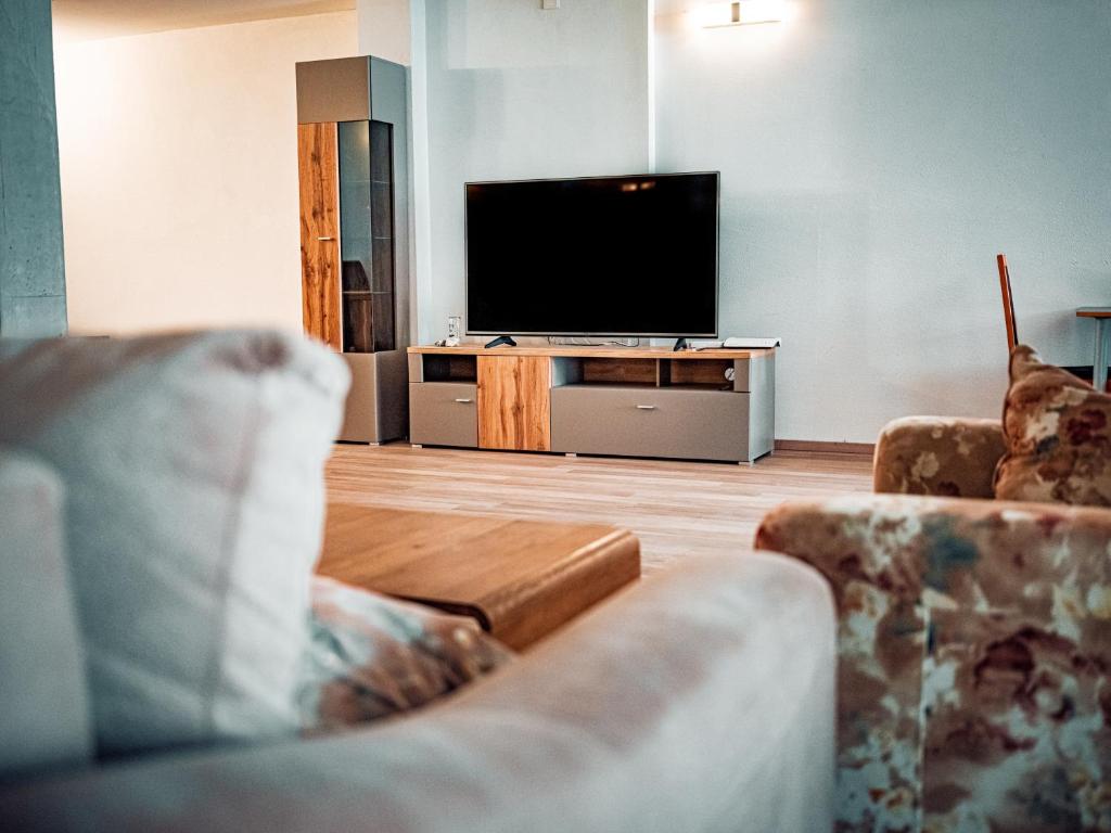 ein Wohnzimmer mit 2 Sofas und einem Flachbild-TV in der Unterkunft Casa Granula in Bad Ragaz