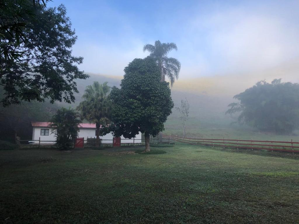 a tree in a field with a fence and a house at Vivenda dos Guaranys - uma imersão na natureza - Loft in Conservatória