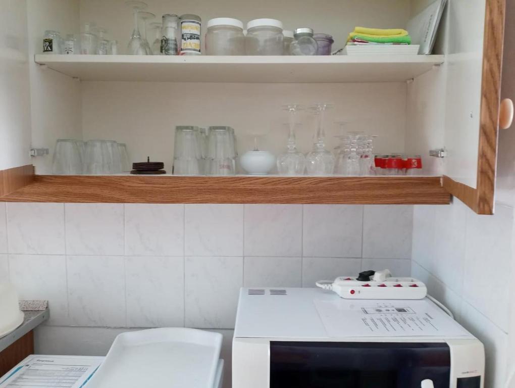 una cocina con encimera y microondas. en Minigarden Hause, en Eger