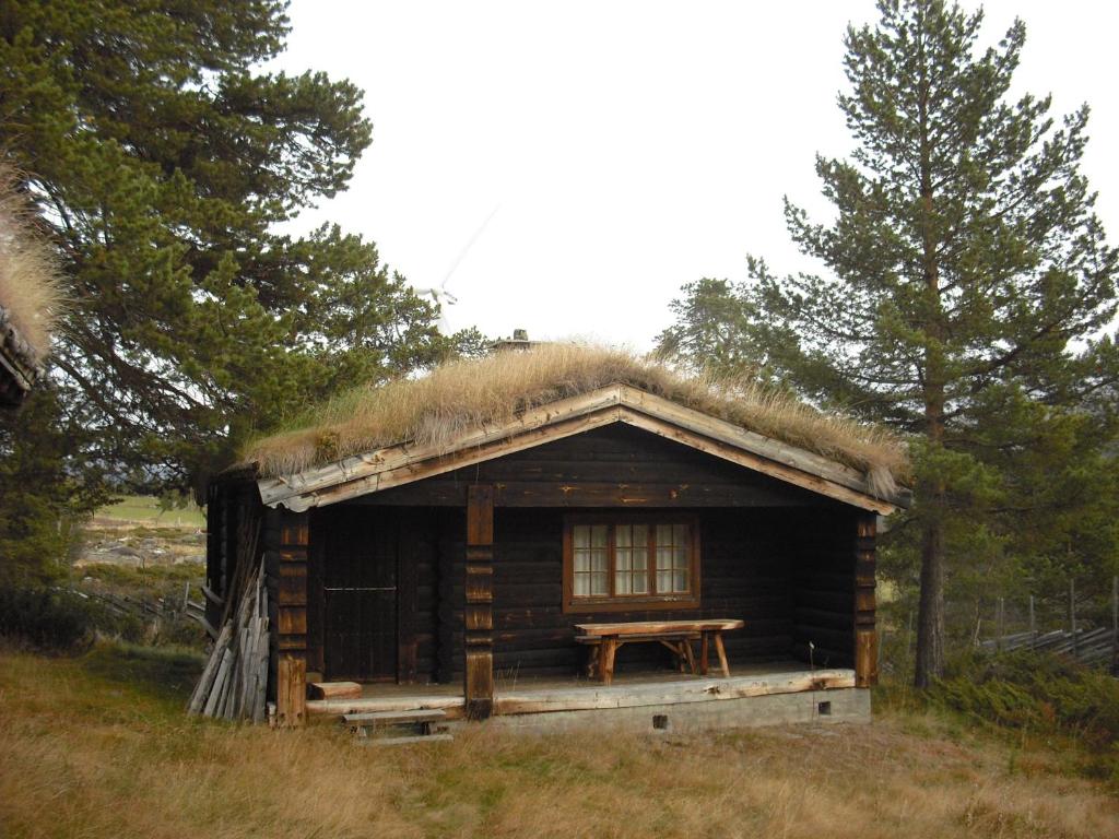a small hut with a grass roof with a picnic table at Lusæter Timber Cabins in Heidal