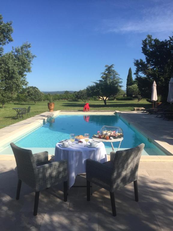 une table et des chaises devant une piscine dans l'établissement La Fontaine des Oliviers, à Blauzac