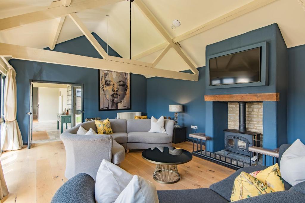 a living room with blue walls and a fireplace at Snipe Barn in Aston