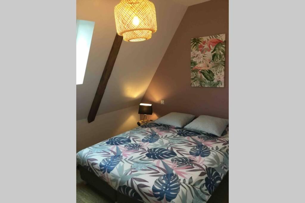 sypialnia z łóżkiem i lampką w obiekcie Appartement dans maison de 1789 au centre de Vitré w mieście Vitré