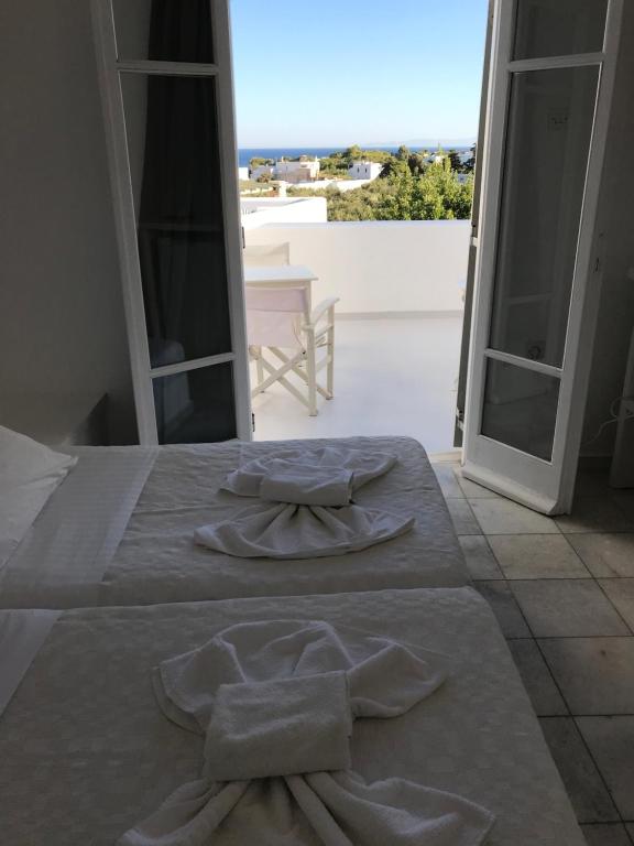a bedroom with two beds and a view of a balcony at Hotel Anezina in Drios
