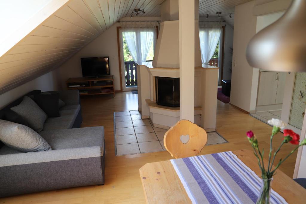 een woonkamer met een bank en een open haard bij Ferienwohnung Schmidt im Haus Elisabeth in Feldberg