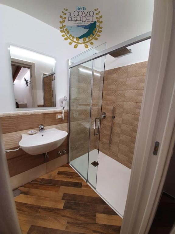łazienka z przeszkloną kabiną prysznicową i umywalką w obiekcie Il covo degli Dei w mieście Agerola