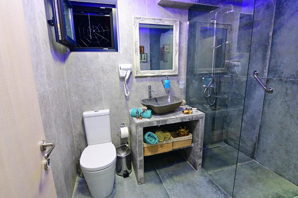 a bathroom with a toilet and a sink and a shower at Alisaxni Studios in Argassi