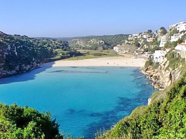 a view of a beach on a hill with houses at Siestamar in Cala'n Porter