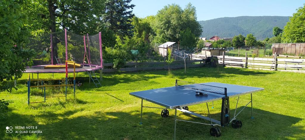 a ping pong table in a yard with a table at Apartment 2 in Hrabušice