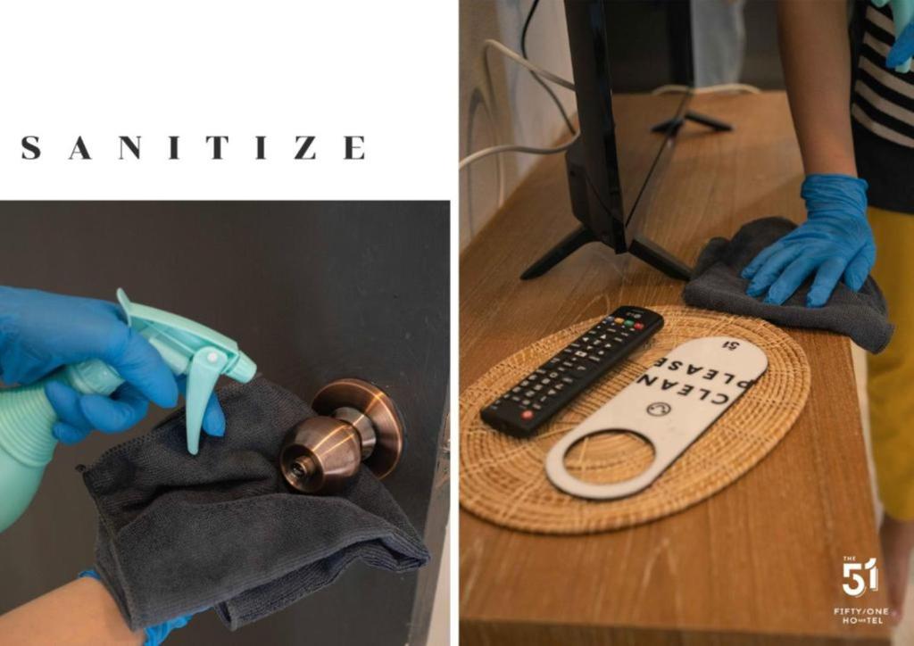 A desk and television remote are being wiped down as part of a sanitation-themed image.