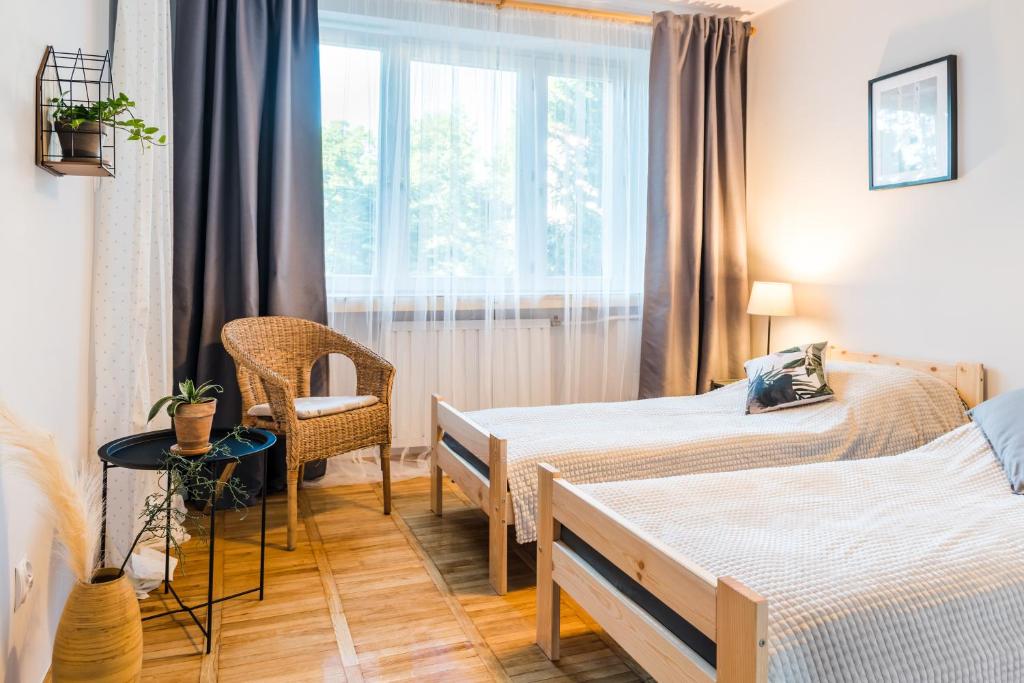 a hotel room with two beds and a window at Czas na Puszczę in Puszcza Mariańska