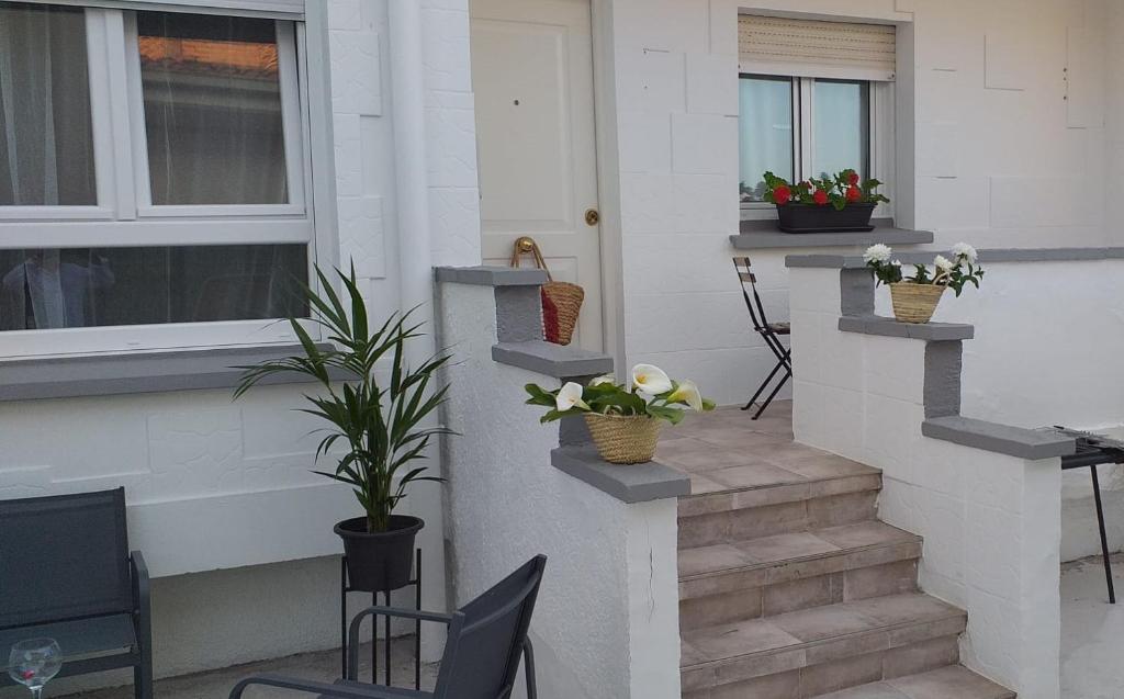 un porche con sillas y plantas en una casa en La Casita Blanca en El Astillero