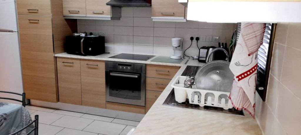 une cuisine avec un étendoir à vaisselle sur le comptoir dans l'établissement Lovely 4-Bed Apartment in Nicosia center, à Nicosie