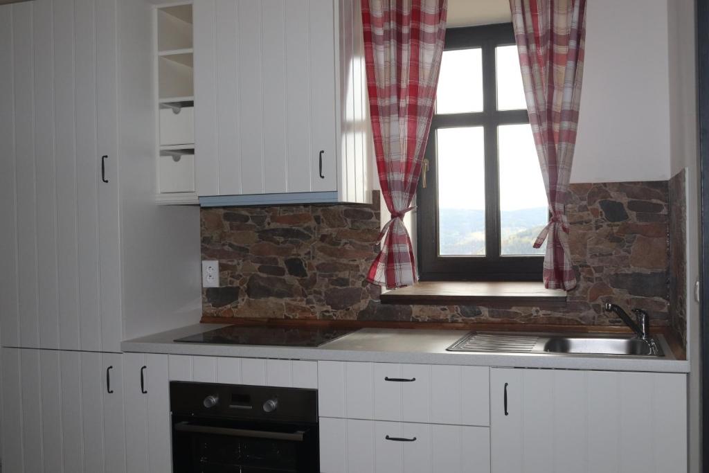 a kitchen with white cabinets and a window at apartmány Kynast in Albrechtice v Jizerských horách