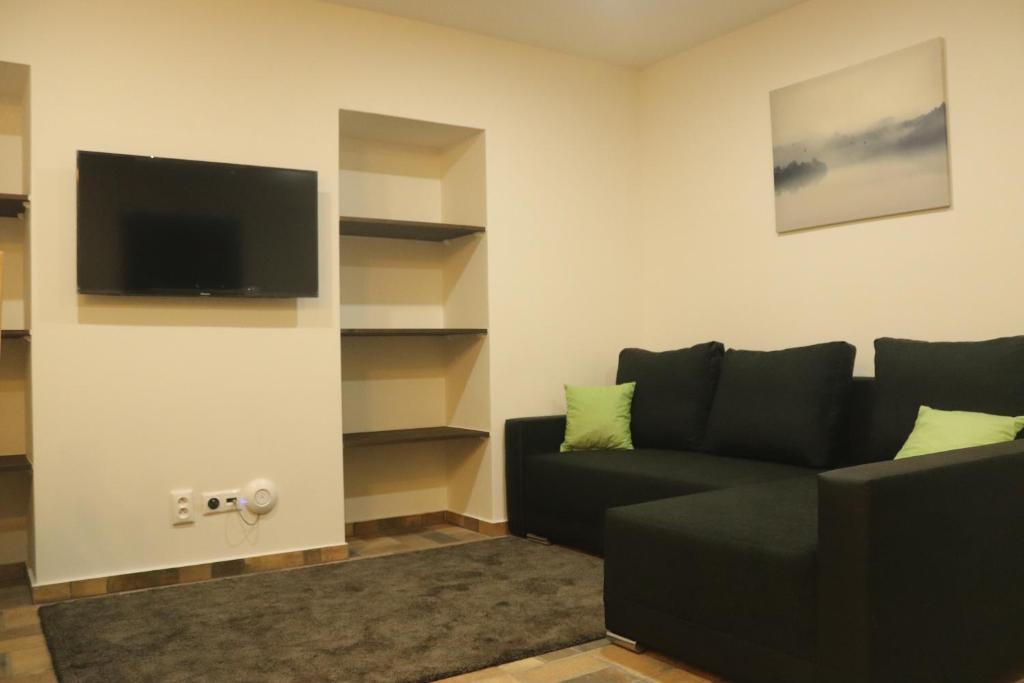 a living room with a couch and a flat screen tv at apartmány Kynast in Albrechtice v Jizerských horách