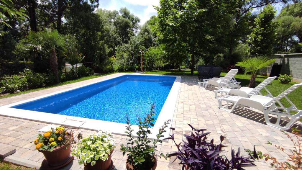 uma piscina com cadeiras brancas e um pátio com plantas em Apartman Natura vita Blagaj em Blagaj