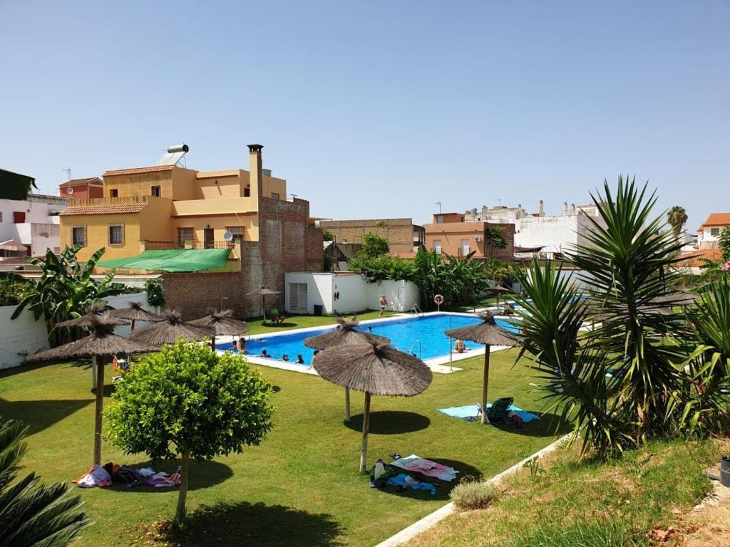 a pool with umbrellas and people laying on the grass at Fadesa Algaba 2 B in La Algaba