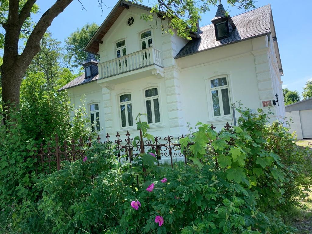 een oud wit huis met een hek en bloemen bij Stayhome Tossens in Butjadingen