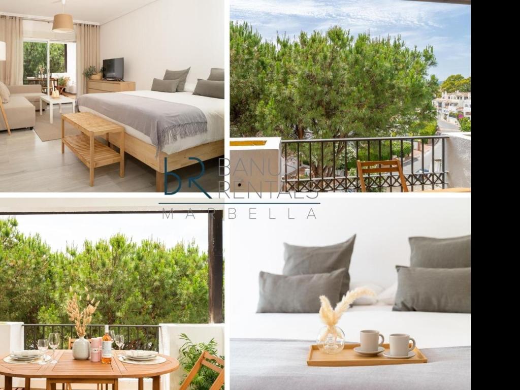 eine Collage mit Fotos von einem Schlafzimmer und einem Balkon in der Unterkunft Confortable estudio en medina garden ref 332 in Marbella
