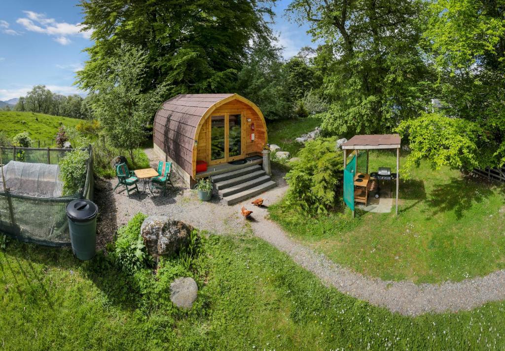 an overhead view of a tiny house in a yard at Glentruim Lodge Ecopod in Newtonmore