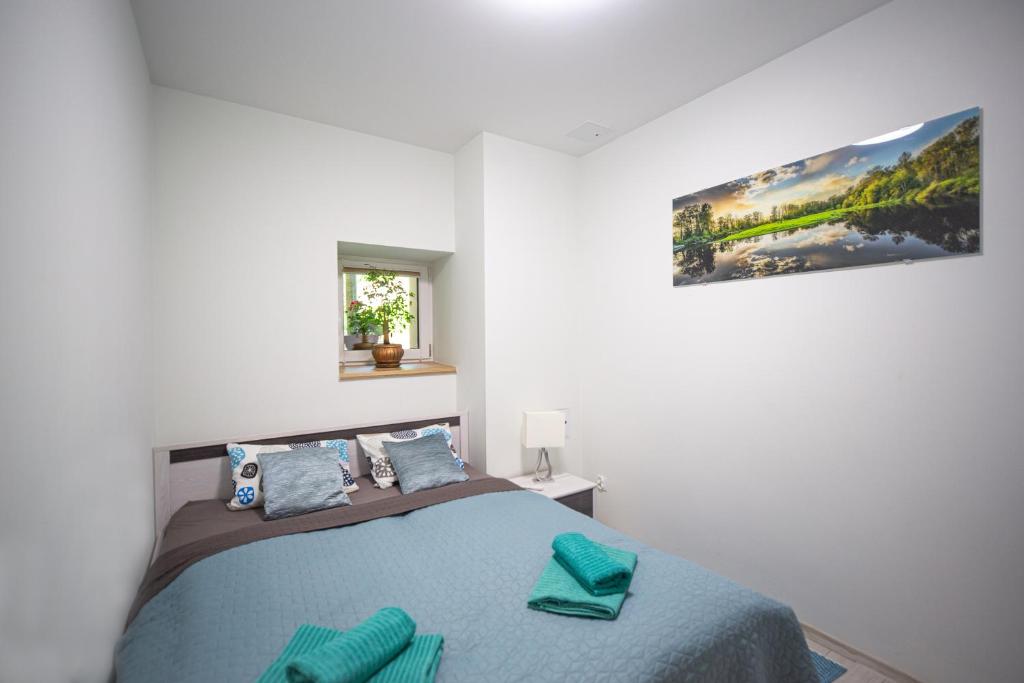 a bedroom with a bed and a picture on the wall at Apartament przy Parku in Duszniki Zdrój
