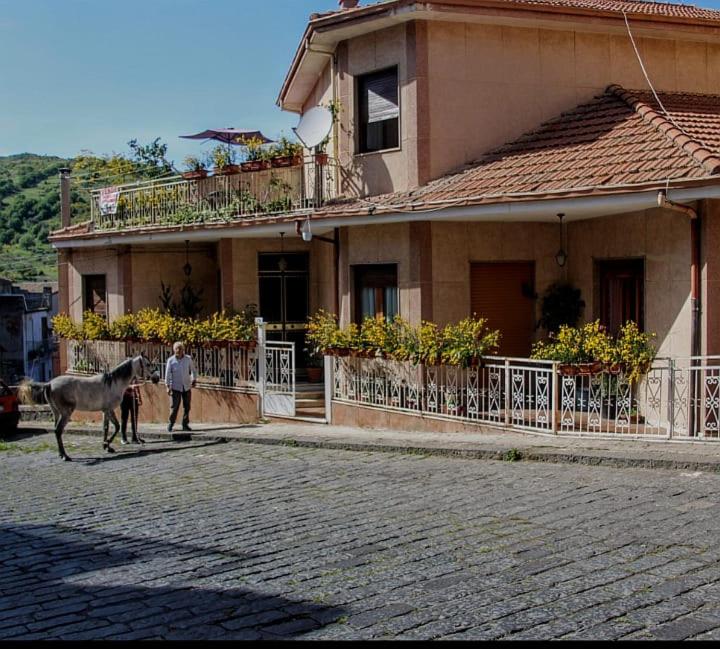 Un uomo che cammina a cavallo davanti a una casa di Casa Don Vicenzo a Randazzo