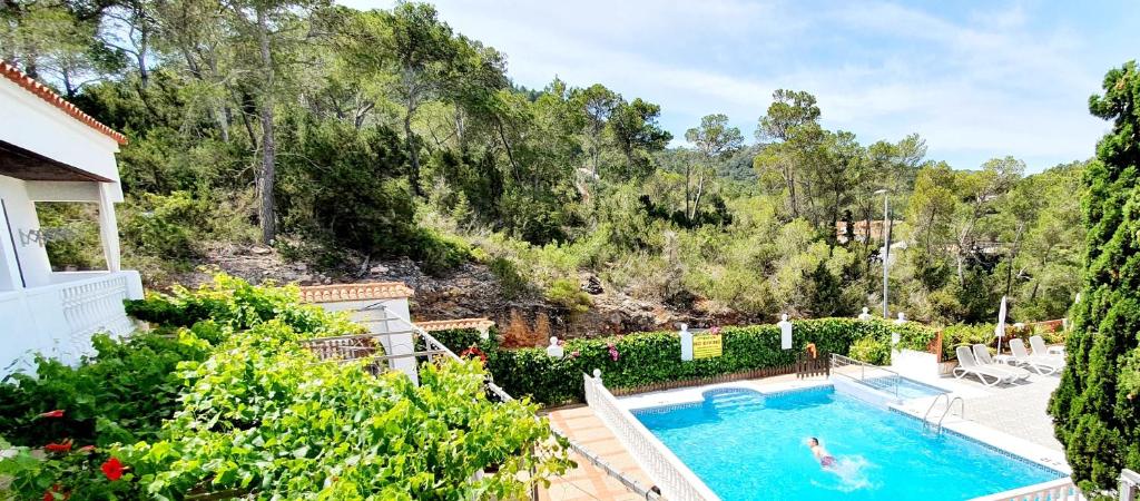 a swimming pool in a yard with trees at Granada Apartments Familiar Deluxe in Portinatx