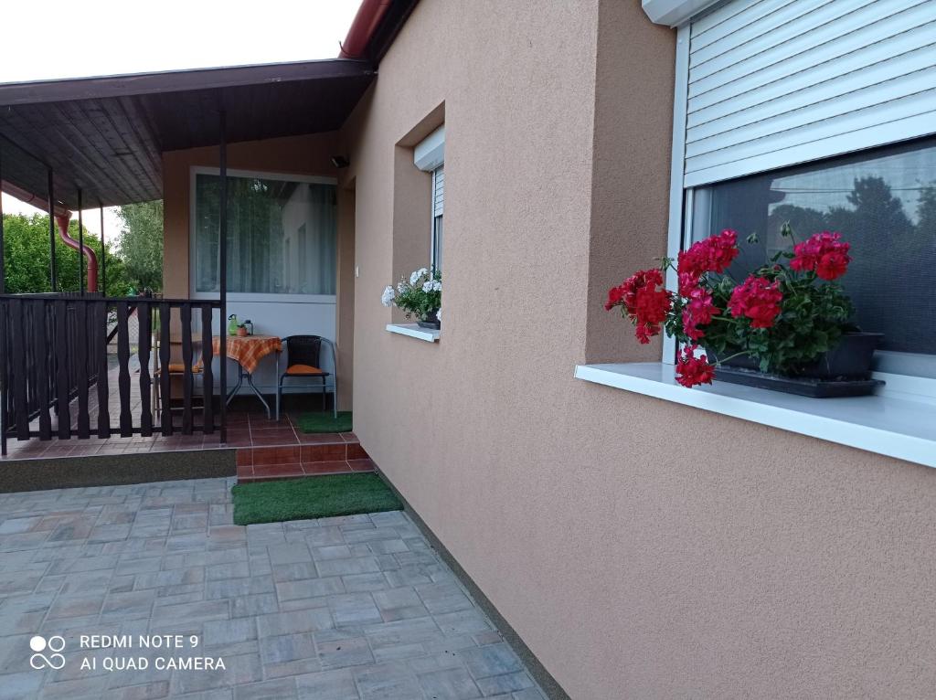 a house with flowers on the side of it at Sárgapart Holiday Home in Poroszló