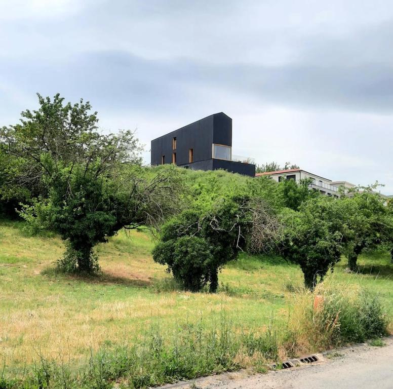 Dallet的住宿－élégante villa neuve d'architecte，一座树木茂密的山顶上的黑色建筑