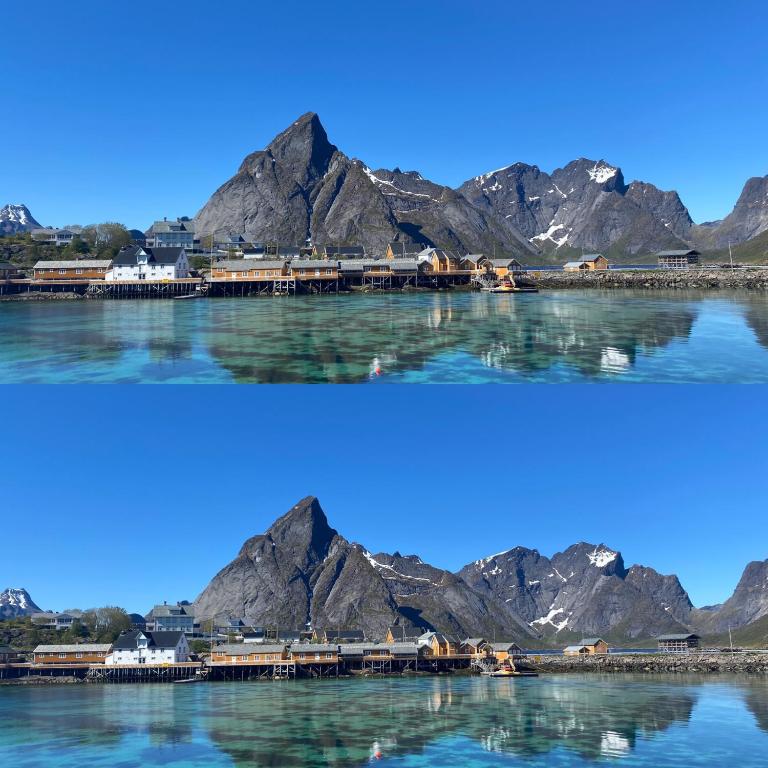 two views of the mountains on the water at Olenilsøya Mini Villa in Reine