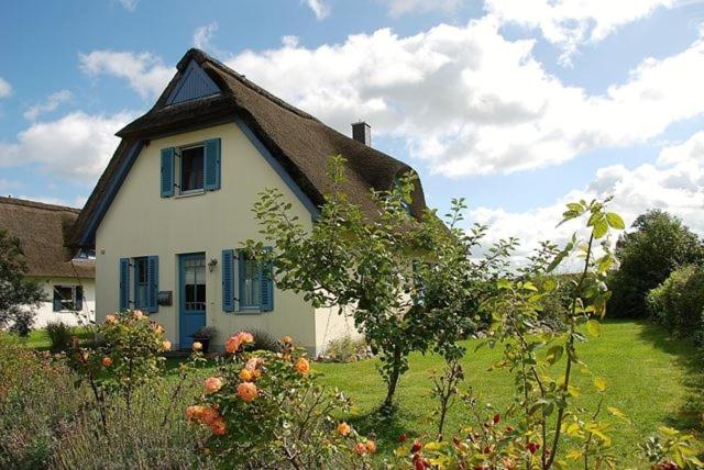une maison blanche avec volets bleus sur une cour verdoyante dans l'établissement Lavendel, à Am Schwarzen Busch