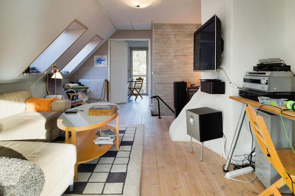 Pink House Room#1 Stockholm في ستوكهولم: غرفة معيشة مع أريكة وتلفزيون