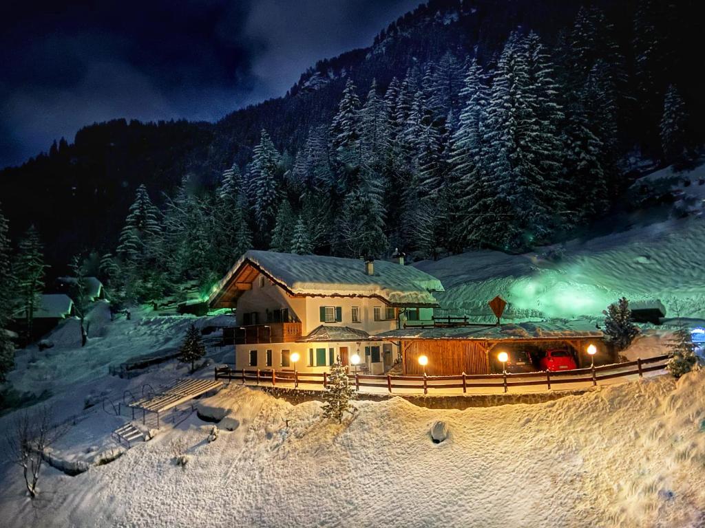 a house in the middle of a snow covered forest at night at CESA VEDLA - Alpine Dolomites silent and cozy in Ortisei