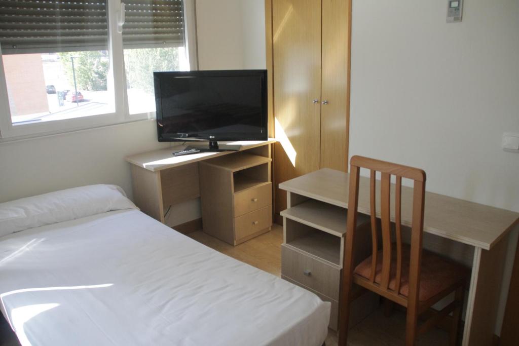 1 dormitorio con 1 cama y escritorio con TV en HOSTAL FRANCISCO SALINAS en Burgos