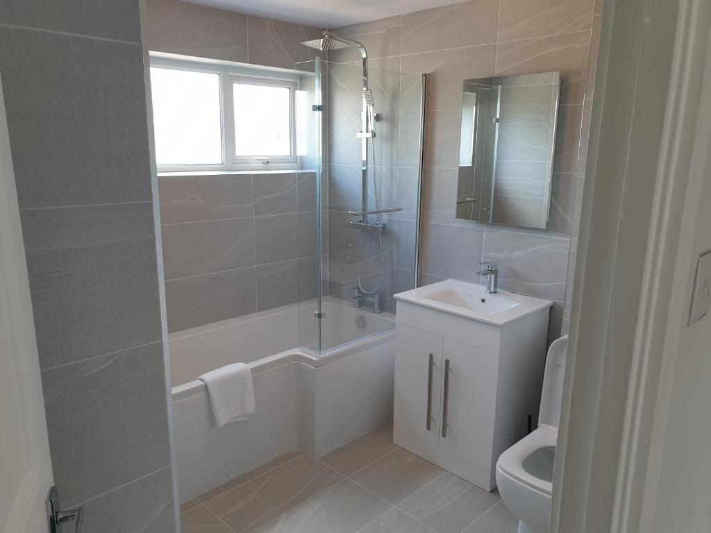 uma casa de banho com um lavatório e um WC. em Washingtons Diamond 3 Bedroom House Sleeps 6 em Washington