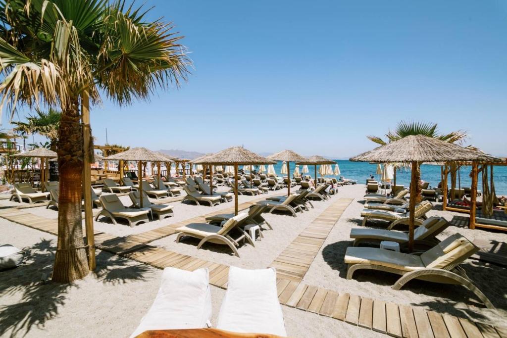 eine Reihe von Stühlen und Sonnenschirmen am Strand in der Unterkunft Jacksons sea view living in Kos-Stadt