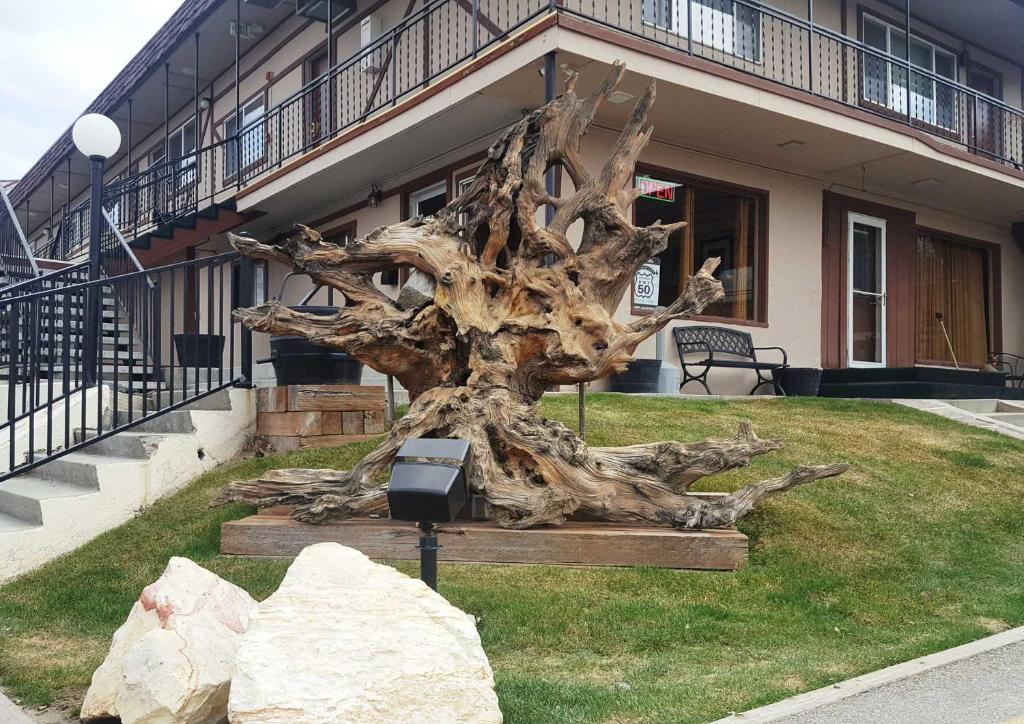 a tree stump sitting in the grass in front of a house at Bristlecone Motel in Ely
