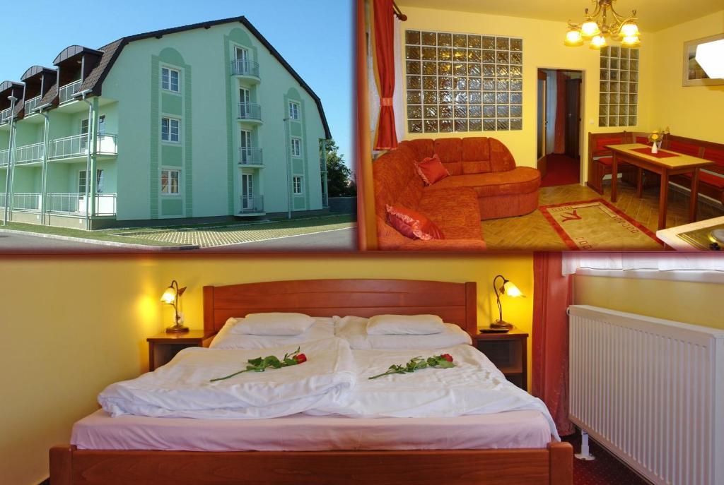 2 fotos de una habitación de hotel con cama en HoldLux Apartmanok, en Sárvár